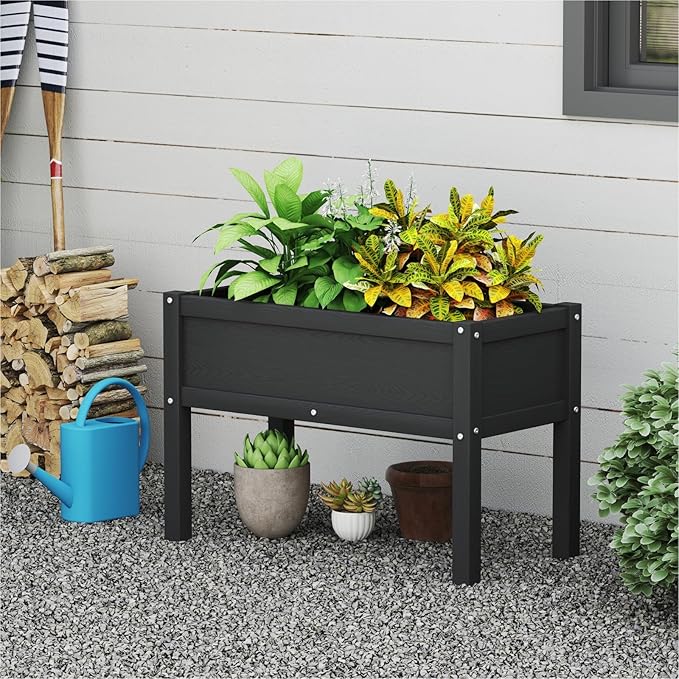 Small HDPE Raised Garden Bed, Elevated Planter Box with Legs, Outdoor All-Weather Planter Raised Beds for Seeds, Herb, Flower, Vegetable (Black)