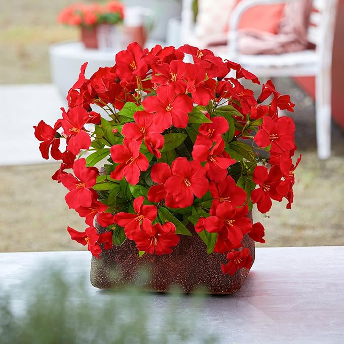 Fake Plants Artificial Flower Outdoor Plastic Flowers for Outdoors 15.7" Artificial Azalea Flowers Fake Flowers Artificial Plants Outdoor Flower Artificial for Decor Silk Flowers (Red) 4Pcs