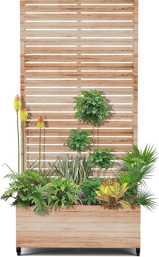 15.7"×70.9"×35.4" Metal Raised Garden Bed with Trellis and Wheels - Tall Trellis Planter Box for Climbing Plants, Vegetables & Vines - Outdoor Privacy Planters for Patio (Acacia Wood Grain)