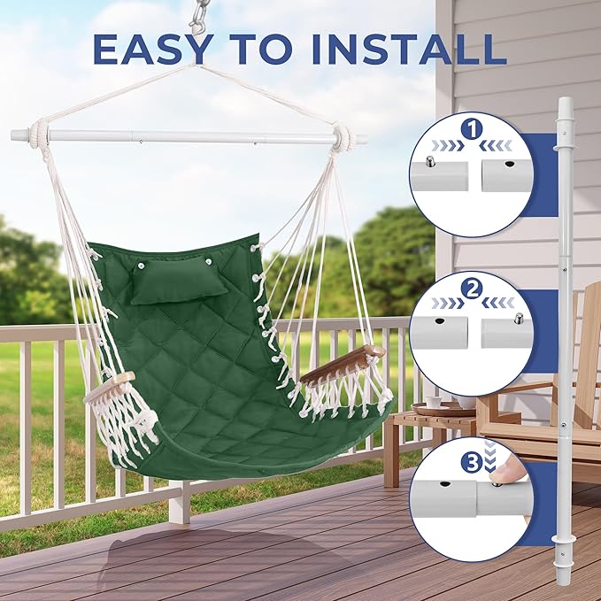 Hammock Chair Hanging Swing with Wooden Armrests;Steel Spreader Bar,Pillows,Hardware kit Included;Cotton Woven ;Up to 350 Lbs,for Indoor Outdoor Green