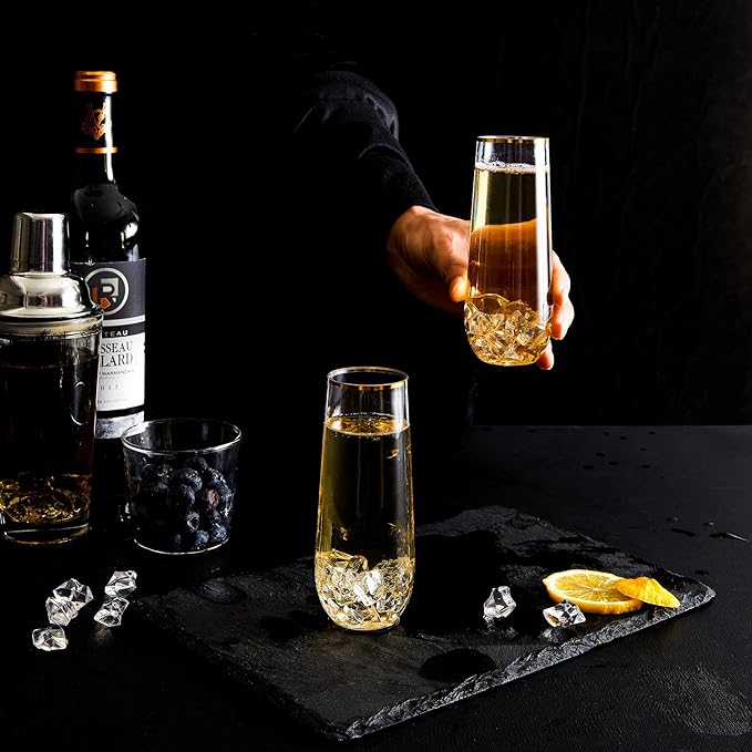 N9R 12PCS Plastic Champagne Flutes, 9 oz Stemless Disposable Gold Rim Toasting Glasses, Crystal Clear Cocktail Cups Drinkware Shatterproof Ideal for Party Wedding Birthday
