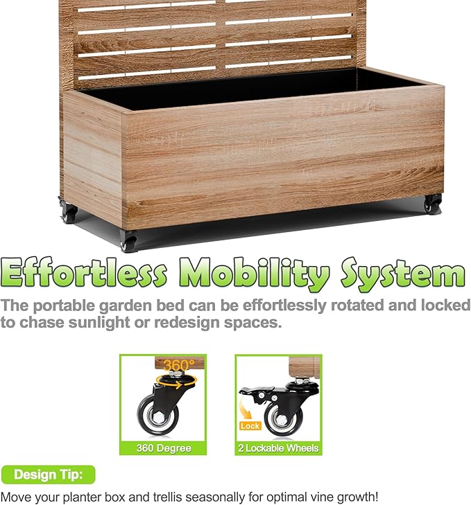 15.7"×70.9"×35.4" Metal Raised Garden Bed with Trellis and Wheels - Tall Trellis Planter Box for Climbing Plants, Vegetables & Vines - Outdoor Privacy Planters for Patio (Cut Oak Grain)