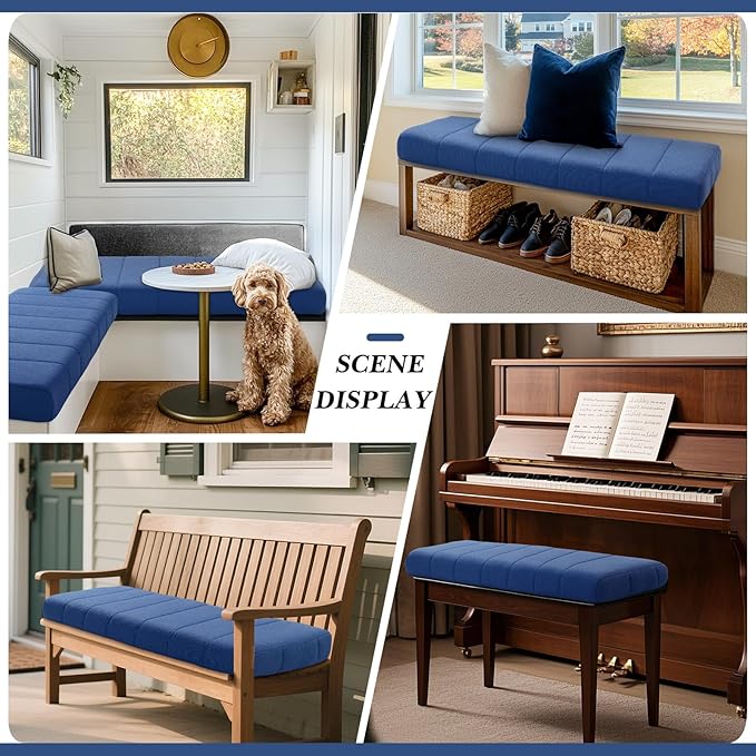 Wenqik Bench Cushion 48x18x4 Inch for Indoor Outdoor Furniture Tufted Thicken Bay Window Seat Cushion Non Slip Waterproof Dining Piano Bench Pad Pillow Anti Cat Scratch for Patio Porch Swing, Blue