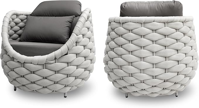 2 PCS Porch Furniture Chair: Patio Accent Chair Aluminum - Woven Rope Cushioned Armchair Assembled - Modern Lounge Single Chair - All Weather 400lbs for Deck Balcony Yard Garden Hotel Poolside