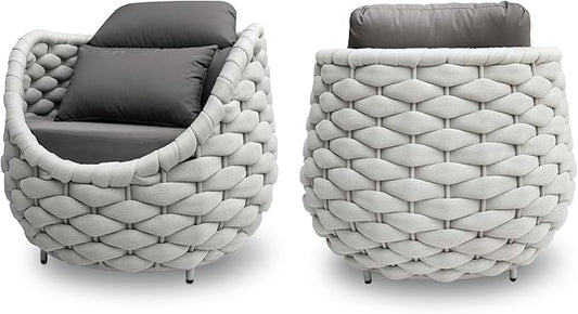 2 PCS Porch Furniture Chair: Patio Accent Chair Aluminum - Woven Rope Cushioned Armchair Assembled - Modern Lounge Single Chair - All Weather 400lbs for Deck Balcony Yard Garden Hotel Poolside