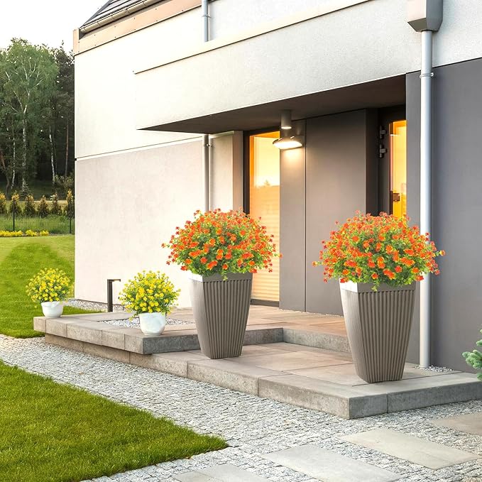 20 Bundles Artificial Flowers UV Resistant Fake Flowers No Fade Faux Plants Garden Porch Window Box Decorating (Orange)