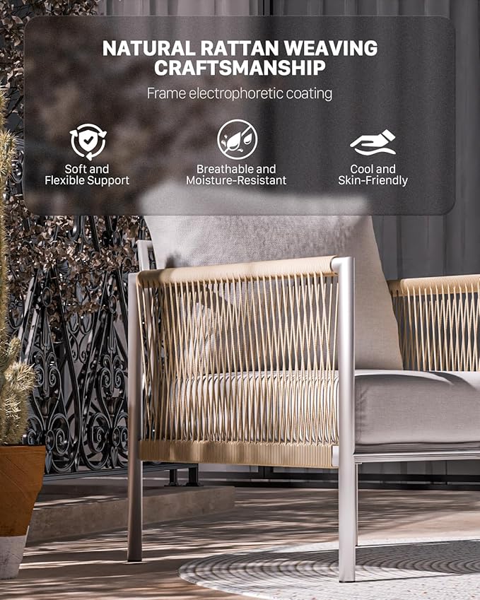 ZANDOR Aluminum Outdoor Patio Furniture 2 Pcs Armchair, All-Weather Metal Modern Outside Furniture with Washable Thick Cushion, HDPE Woven Rope Rattan Bistro Sofa Chair, Garden/Backyard/Porch, Silver