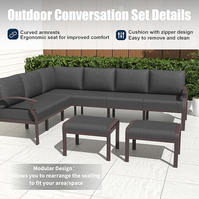 Kurapika Patio Furniture Set 8-Piece Aluminum Sectional Sofa with Armrest, Modern Outdoor Conversation Set, Metal Corner Sofa with Ottoman, Black