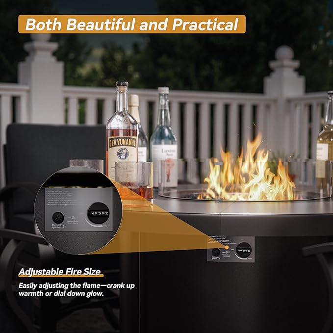 Kurapika 5 Piece Modern Metal Outdoor Conversation Sets, Patio Furniture Set, 4 Aluminum Swivel Chairs w/48in Round Propane Fire Pit Table and Thickened Cushions, Black