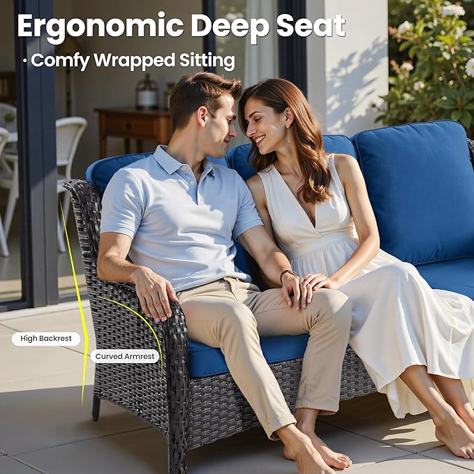 ovios 7 Pieces Patio Furniture Set, Outdoor Wicker Sofa Couch with Swivel Chairs 42" Fire Pit Table, All Weather High Back Modern Conversation Sets, Brown Rattan, Navy Blue