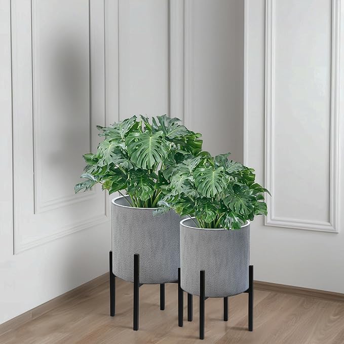 ARNIS Modern Plant Pots, Set of 2 Large Planters with Stand, Decorative Planters, Metal Pots with Drainage Holes for Living Room, Office, Garden or Balcony, 8.25 &10.5 Inch, Dark Cement Matte