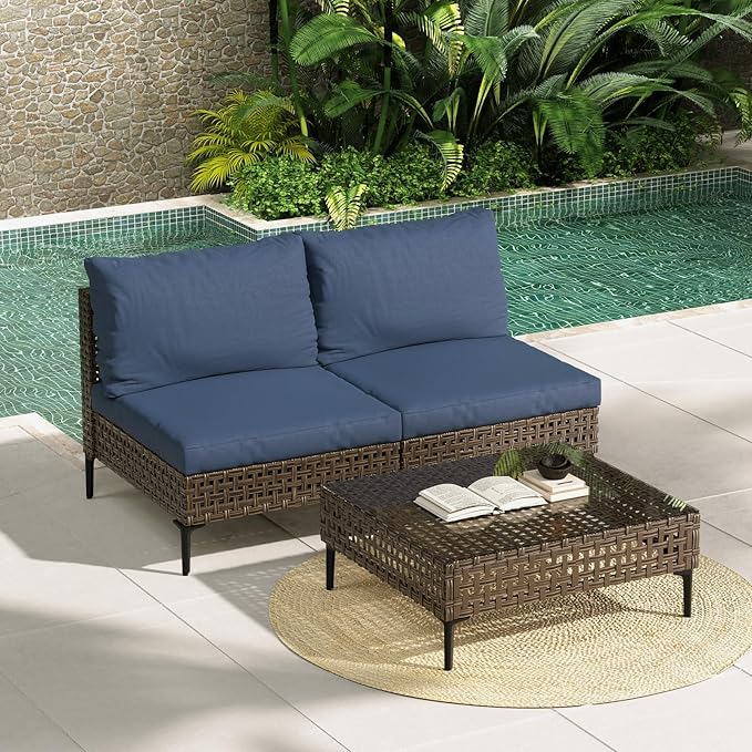 Grand patio 3-Piece Wicker Patio Furniture Set, Retro Outdoor Sectional Sofa with Water Resistant Blue Thick Cushions and Coffee Table, Brown