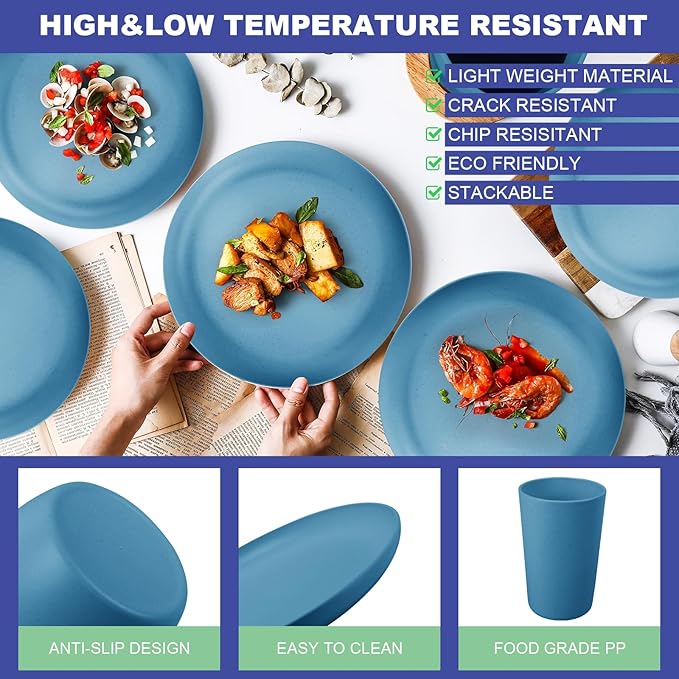 24pcs Wheat Straw Dinnerware Sets, Wheat Straw Plates and Bowls Sets for 4 Microwave Dishwasher Safe Lightweight （Blue）