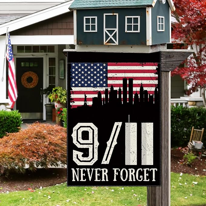 DLZDN 911 Never Forget Garden Flag 12×18 Inch Double Sided Vertical Burlap Farmhouse Yard Flag Patriotic Memorial Outdoor Decor