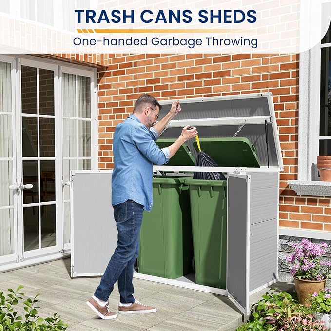 Amopatio 41 Cu Ft Horizontal Outdoor Storage Shed, Resin Trash Can Storage Weather Resistance, Garbage Can Shed for Garden Tools, Lawn Mowers, Garbage Cans, Patio Use, Grey