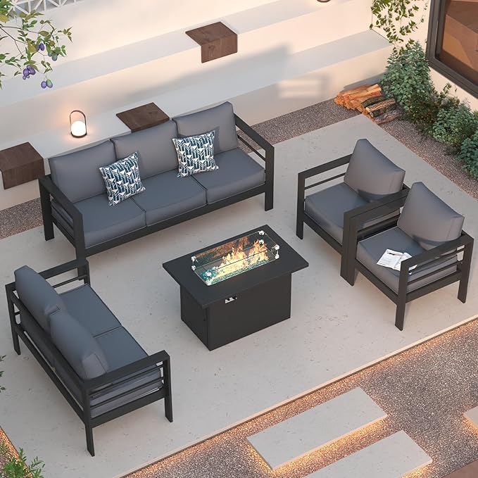 Patio Furniture Set with Fire Pit Table, Aluminum Patio Furniture Set,Grey Outdoor Metal Sectional Sofa with Aluminum Fire Pit Table for Garden Backyard (Include Waterproof Cover)