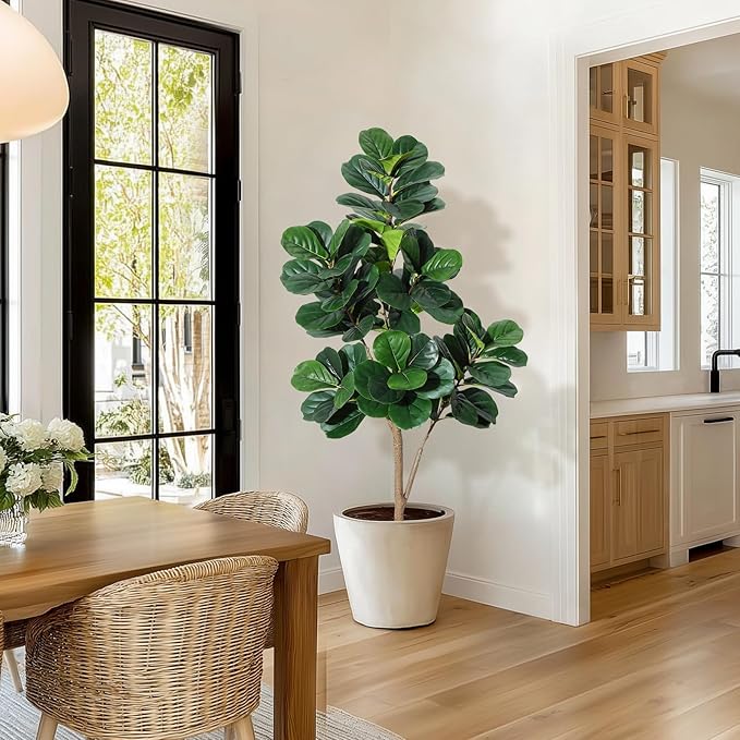 5FT Fiddle Leaf Fig Tree Artificial with 77 Leaves - Realistic Faux Ficus Lyrata Trees in 7.8" Grey Planter Pot, Indoor Fake Floor Plants for Home Office Living Room Decor, Housewarming Gift
