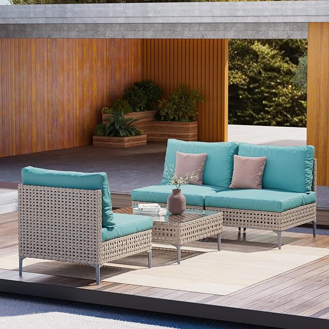 Grand patio 4-Piece Wicker Patio Furniture Set, Boho Outdoor Conversation Set Sectional Sofa with Water Resistant Thick Cushions and Coffee Table, Blue