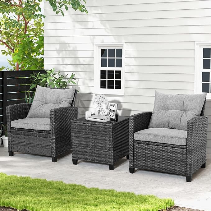HAPPYGRILL 3 Pieces Patio Conversation Set, Outdoor Furniture Set PE Rattan Sofa Set with Removable Cushions, PE Wicker Chairs with Tempered Glass Side Table for Porch Lawn Garden Balcony Backyard