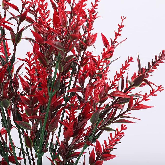 Artificial Outdoor Plants UV Resistant Artificial Greenery Lavender 20 Bundles UV Resistant Hanging Planter Flora Fence Indoor Outside Decor Wedding Table Flowers Arrangement Bouquet Filler(Red)