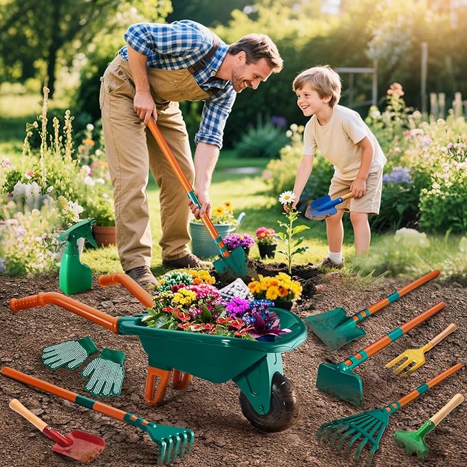 Kids Gardening Set-12 PCS Kids Gardening Tools Wheelbarrow Set with Shovel, Leaf Rake, Gloves, Spray Bottle-Toddler Gardening Set Play Outdoor Educational STEM Learning for Boys Girls Age 3 4 5 6 7 8+