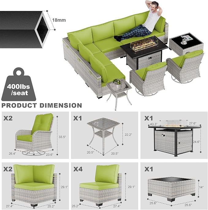 11-Piece Patio Furniture Set, Outdoor Patio Furniture with 55,000 BTU Fire Pit Table, Swivel Chairs Set, Thick Cushions, Modular Patio Sofa, Dual-Strand Rattan, Rust-Resistant Frame, Grass Green