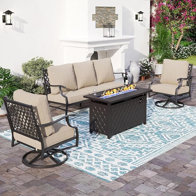 Patio Furniture Set with Firepit Table, 4 Piece Metal Outdoor Patio Furniture, 2 Swivel Chairs and 3 Seater Sofa with 5.75" Extra Thick Cushion and Gas Fire Pit Table for Backyard Deck