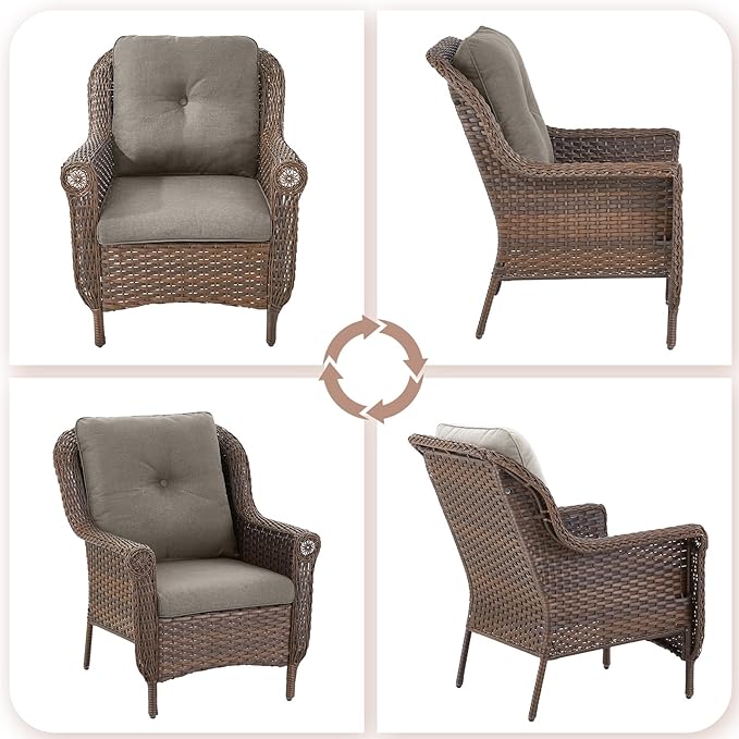 Patio Wicker Chairs Outdoor Furniture Chair - Set of 4 Outside All Weather Lawn Dining Brown Rattan Armchair with High Back&Deep Seating for Deck Porch Balcony Backyard Garden - Grey