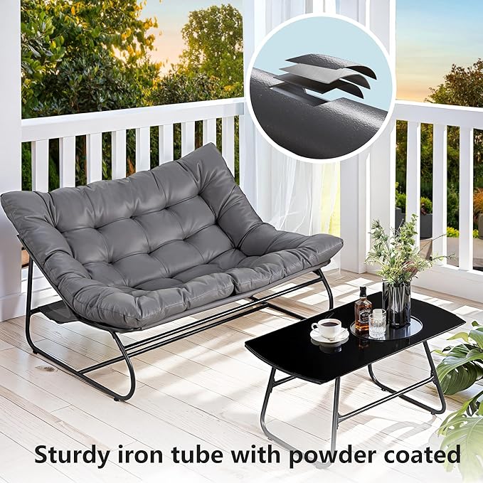 NOBLEMOOD 2 Pieces Patio Loveseat Set with Coffee Table, Outdoor Indoor Cushioned Love Seat, Metal Frame Oversized 2 Seater Chair for Porch, Garden, Living Room, Balcony