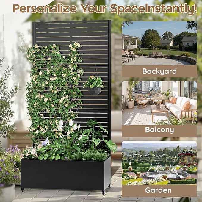 Metal Raised Garden Bed with Trellis & Wheels,70" x 35"x 15.7" Planter Box with Trellis,Privacy Planters for Patio,Garden Bed for Climbing Plants,Suitable for Climbing Plants and Vegetables,Black