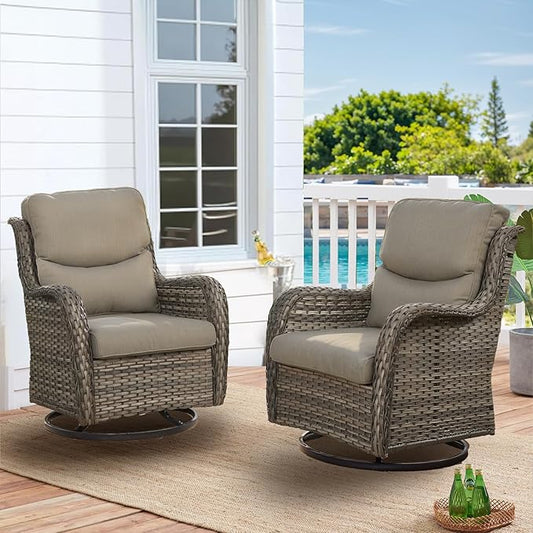 HUMMUH Outdoor Rocking Chair-Outdoor Swivel Chairs Set of 2 with 5" Thick Cushions Wicker Patio Chairs for Deck Porch Garden Poolside Backyard-Grey/Grey