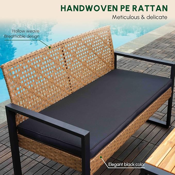 BEEFURNI Wicker Patio Furniture Outdoor Conversation Set of 4, Acacia Wood Table, 2 Rattan Chairs, 1 Loveseat, 2” Cushions, All-Weather, Easy Assembly, 1-Year Manufacturer Warranty (Brown)