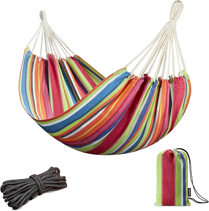 JoyView Brazilian Hammock for Single Person - Portable Cotton Hammock with Hanging Ropes & Carry Bag - 78.8x39.4' - 300LBS Capacity - Perfect for Outdoor/Indoor - Color Stripes