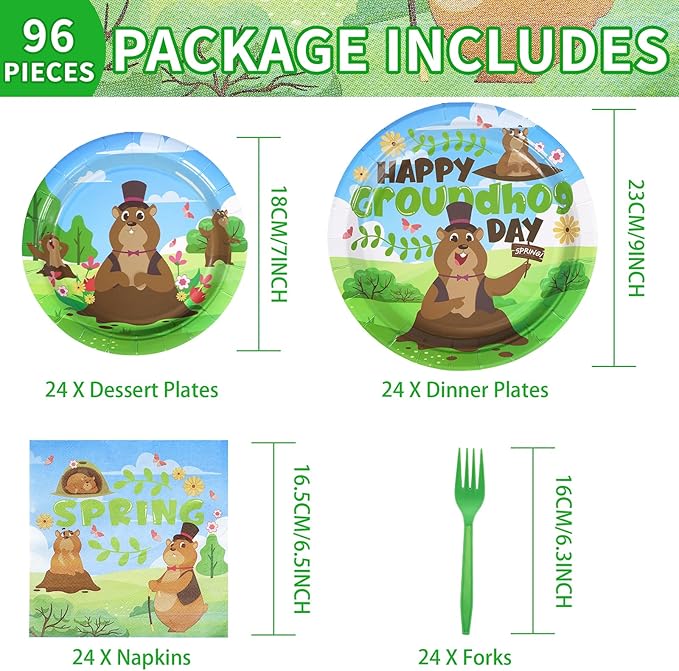96Pcs Happy Groundhog Day Birthday Party Supplies 350 GSM Groundhog Plates and Napkins Tableware Sets Spring February 2nd Party Decorations for Groundhog Day Themed Baby Shower Party Favor,Servers 24