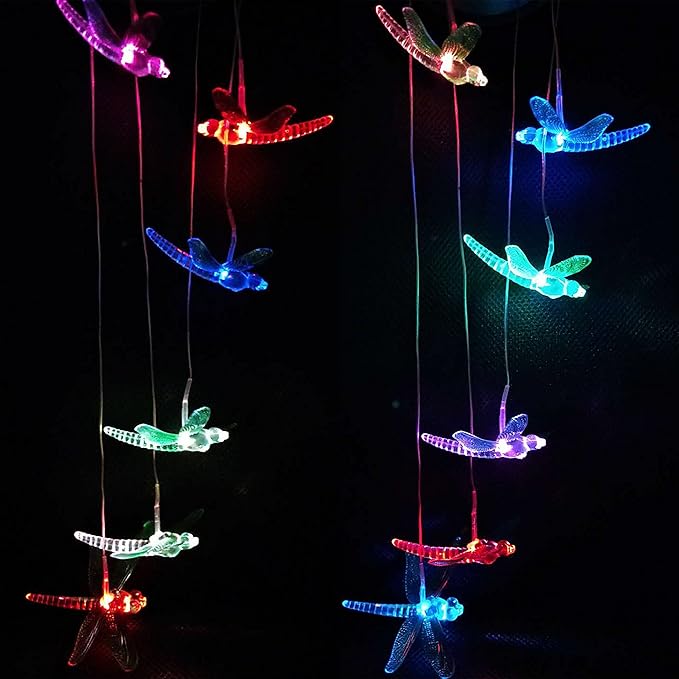 LED Solar Dragonfly Wind Chimes Outdoor - Waterproof Solar Powered LED Changing Light Color Six Dragonflies Mobile Romantic Wind-Bell for Home, Party, Festival Decor, Night Garden Decoration
