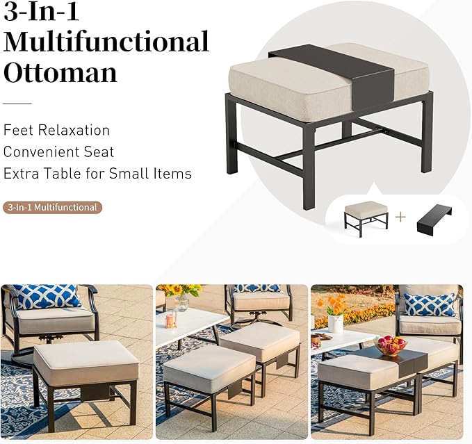 Patio Furniture Set, Modern Metal Outdoor Patio Furniture, 3 Seater Sofa, 2 Fixed Chairs, 2 Ottomans and 5.75" Extra Thick Cushion, Patio Conversation Set for Garden Backyard Deck