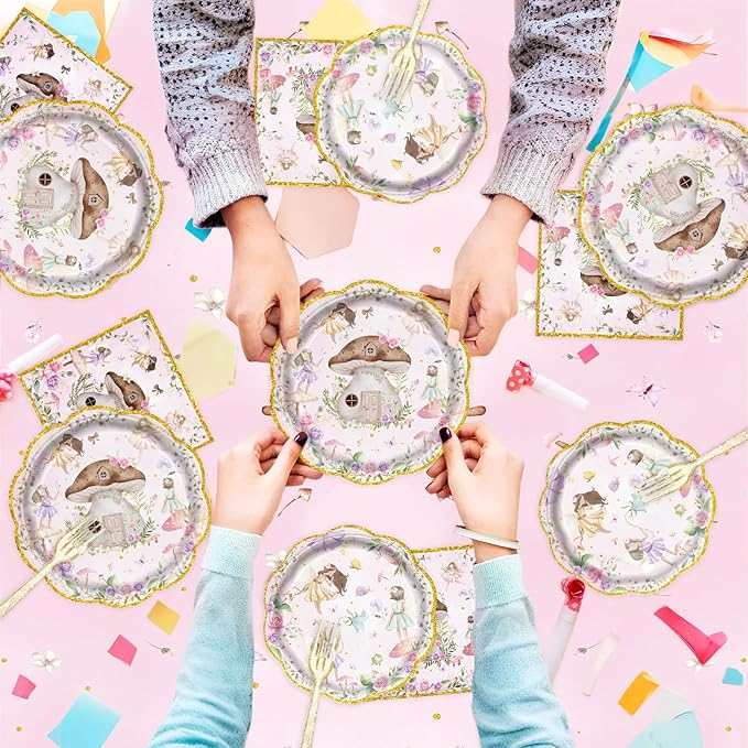 81Pcs Fairy Party Decorations for Girls 1st 2nd Birthday Garden Flower Themed Baby Shower Party Supplies Fairies Enchanted Tableware with Paper Plates Napkins Cups Forks and tablecloth Serve 20