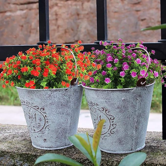 RECUTMS Artificial Flowers Outdoor Fake Flowers，8 Bundles Outside Face Mums Fake Summer Greenery UV Resistant No Fade Faux Plastic Lotus Shrubs Home Garden Porch Patio Decoration Office (Orange Red)