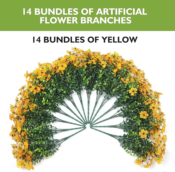 14 Bundles Artificial Flowers UV Resistant for Patio Outdoors Fake Faux Silk Plants Realistic Plastic Flowers Indoors Porch Window Home Decoration (14, Yellow)