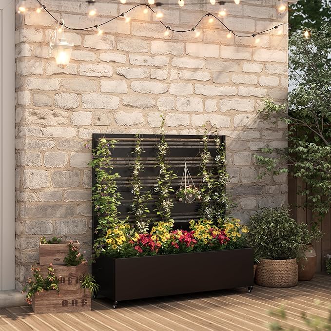 Metal Raised Garden Bed with Trellis & Wheels,47" x 47"x 15.7" Planter Box with Trellis,Privacy Planters for Patio,Garden Bed for Climbing Plants,Suitable for Climbing Plants and Vegetables,Black
