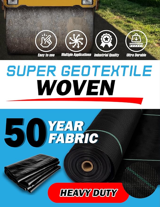 Woven Geotextile Fabric for Driveway and Road Stabilization, Construction Underlayment, Erosion Control, Commercial Grade 50 Year for Gravel Roads and Pavers (6x250)