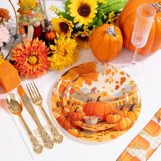 60PCS Thanksgiving Plastic Plates - Heavy Duty Fall Plastic Plates - Pumpkin Disposable Plates Include 30 Dinner & 30 Dessert Plate for Friendsgiving Party Holiday