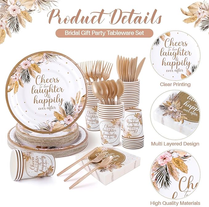 350 Pcs Boho Bridal Shower Paper Plates Napkins Cups Disposable Tableware Sets With Knives Forks Spoons Cheers to Love Bridal Shower Party Favors for 50 Guests Wedding Engagement Decorations (boho)