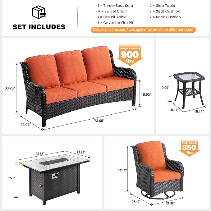 ovios 8 Pieces Patio Furniture Set, Outdoor Wicker Sofa Couch with Swivel Chairs 42" Fire Pit Table, All Weather High Back Modern Conversation Sets, Brown Rattan, Orange Red