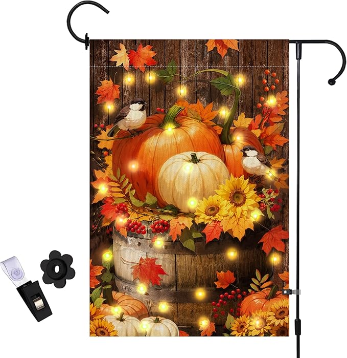 Fall Thanksgiving Pumpkin Garden Flag with LED Lights, Halloween 12 x 18 Inch Double Sided Vertical Burlap Cardinals Bird Fall Garden Flag for Seasonal Holiday Outdoor Yard Decoration