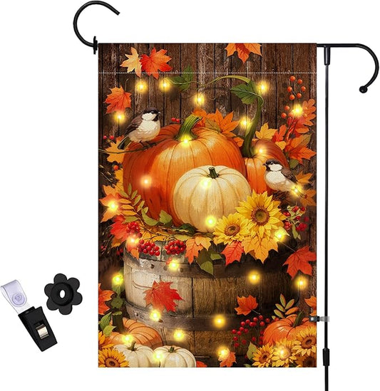 Fall Thanksgiving Pumpkin Garden Flag with LED Lights, Halloween 12 x 18 Inch Double Sided Vertical Burlap Cardinals Bird Fall Garden Flag for Seasonal Holiday Outdoor Yard Decoration