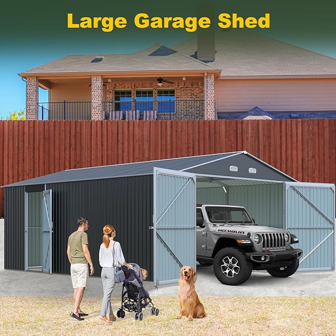 Metal Garage Shed 20x13 FT, Sheds & Outdoor Storage Clearance, Outdoor Storage Shed for Car, Truck, Bike, Lawnmower, Backyard Tool House Building 2 Doors and 4 Vents Dark Gray