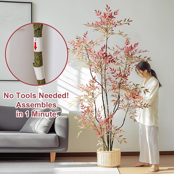 7.2ft Faux Bamboo Tree Artificial Nandina Tree Artificial Indoor Plants Realistic Fake Potted Tree with 800+ Leaves, Cement Planter - Home Office Decor Perfect for Housewarming Gift Non-Toxic