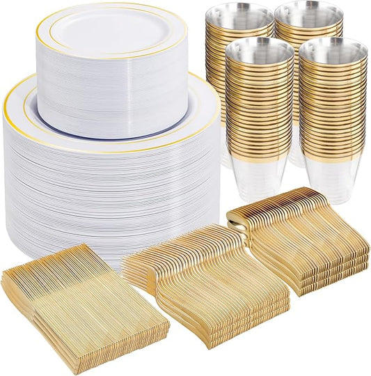 WELLIFE 300Pcs Gold Dinnerware Set for 50 Guests, Gold Rim Plastic Plates Disposable, 50 Dinner and 50 Salad Plates, 50 Cups, 50 Silverware Set for Party