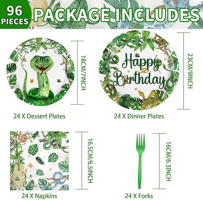 96 Pcs Snake Birthday Party Supplies Reptile Jungle Swamp Snake Plates and Napkins Tableware Sets Reptile Party Decorations Favors for Kids Camping Alligator Wilderness Wildlife Theme Decor,Serves 24